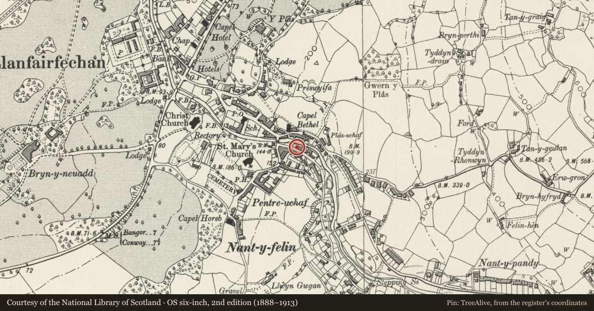 Ordnance Survey six-inch map, 2nd edition (1888–1913) covering the location of Bodafon, Llanfairfechan, Conwy, with a pin at the register's coordinates
