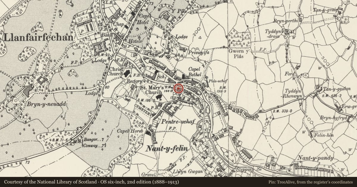 Ordnance Survey six-inch map, 2nd edition (1888–1913) covering the location of Llanfair Arms PH, Llanfairfechan, Conwy, with a pin at the register's coordinates