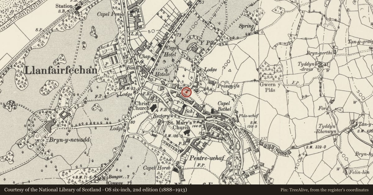 Ordnance Survey six-inch map, 2nd edition (1888–1913) covering the location of Northcot, Llanfairfechan, Conwy, with a pin at the register's coordinates