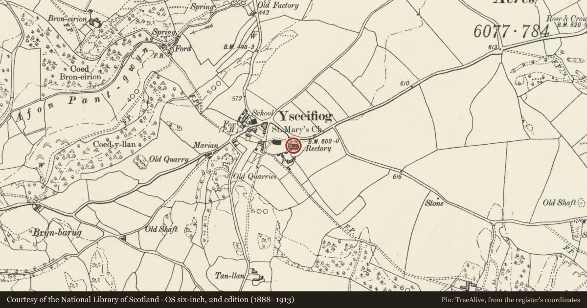 Ordnance Survey six-inch map, 2nd edition (1888–1913) covering the location of The Old Rectory, Ysceifiog, Flintshire, with a pin at the register's coordinates