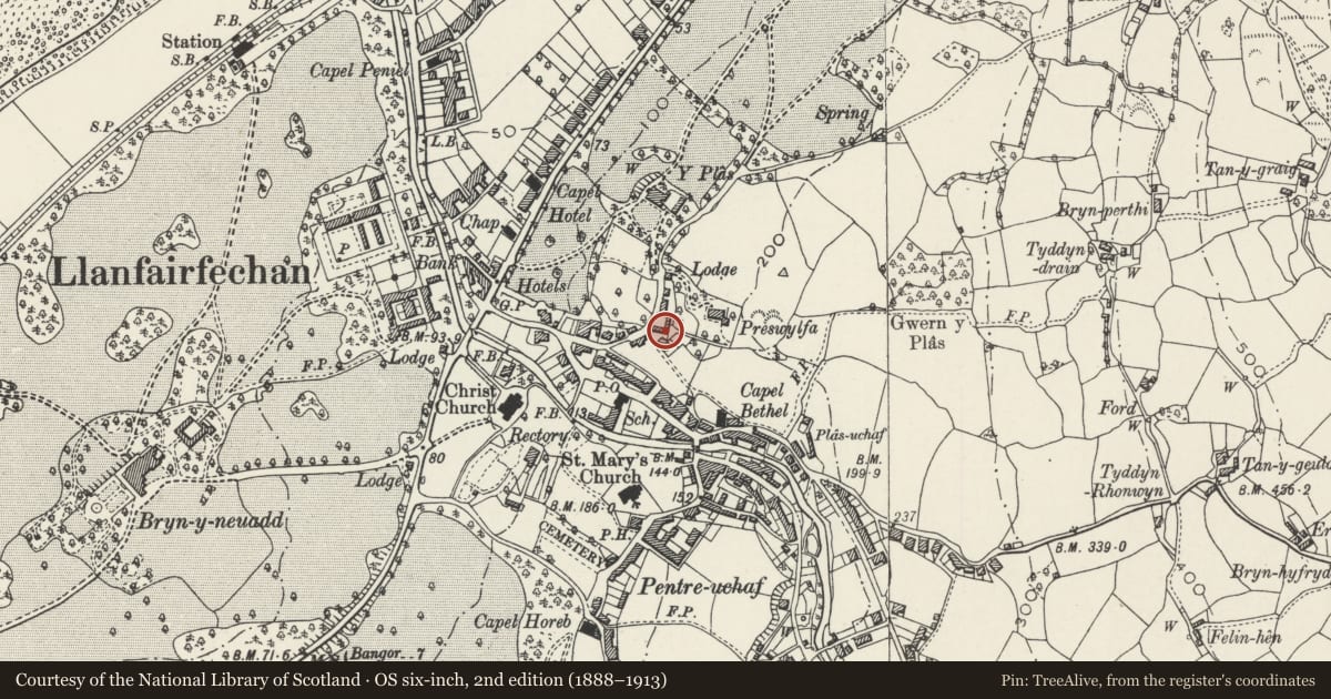Ordnance Survey six-inch map, 2nd edition (1888–1913) covering the location of Plas Farm Outbuildings (Henblas Farm Outbuildings), Llanfairfechan, Conwy, with a pin at the register's coordinates