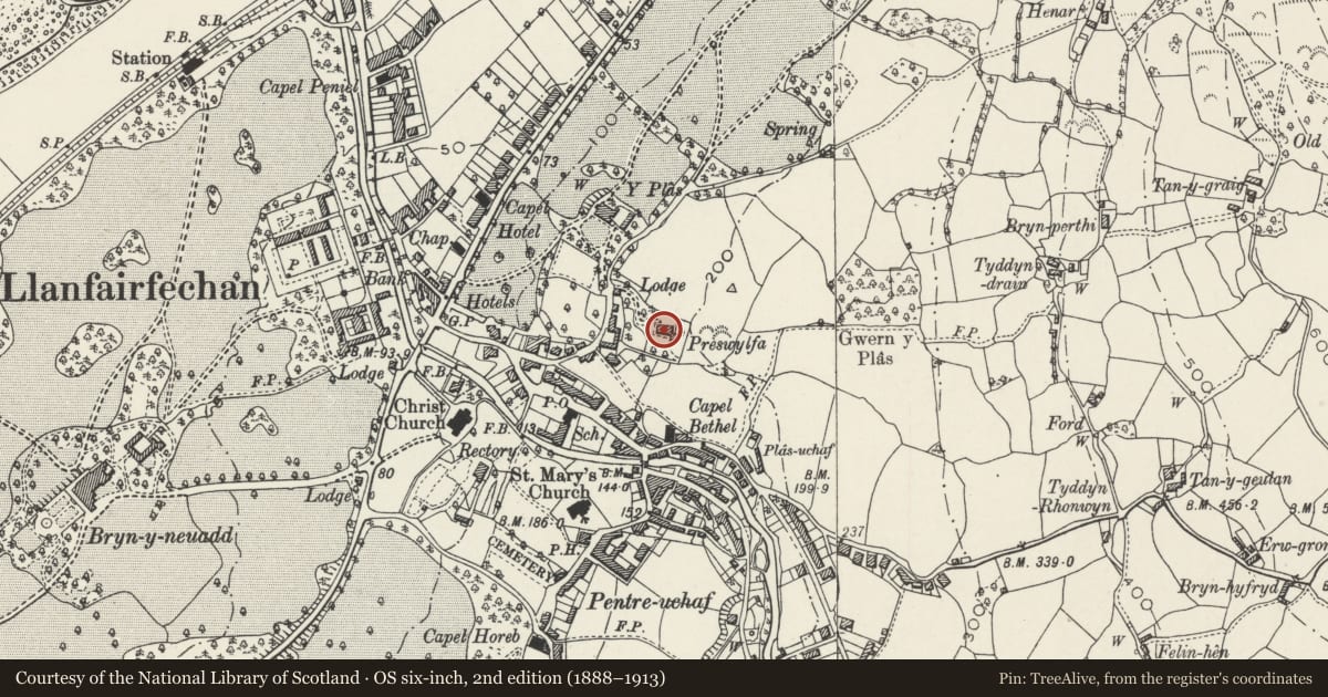 Ordnance Survey six-inch map, 2nd edition (1888–1913) covering the location of Preswylfa, Llanfairfechan, Conwy, with a pin at the register's coordinates