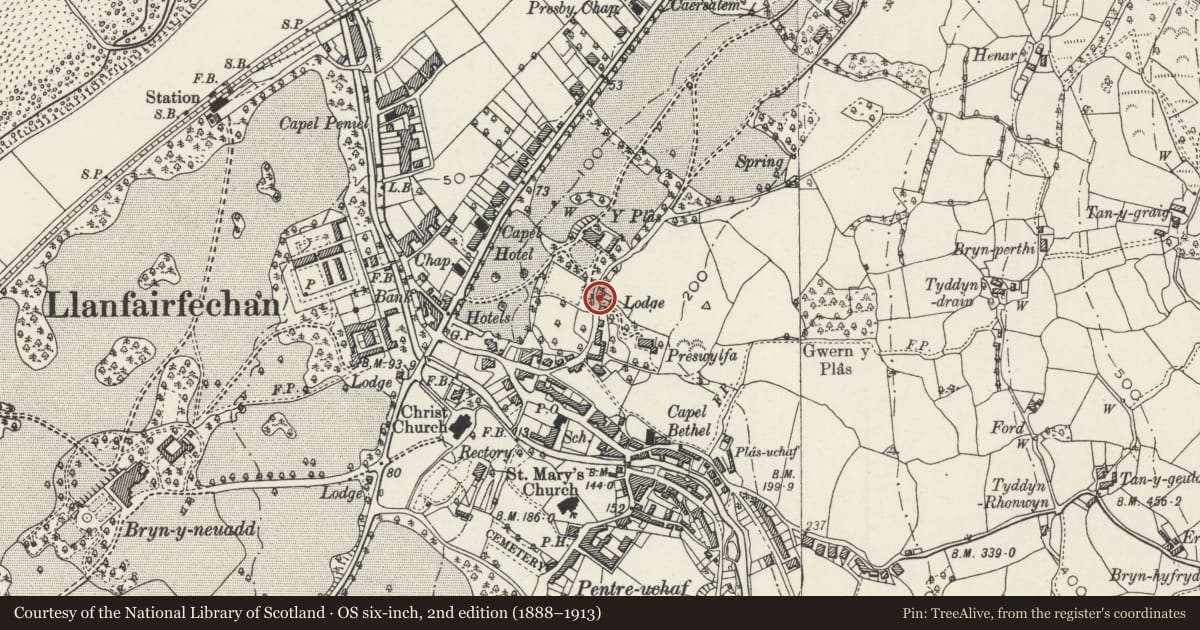 Ordnance Survey six-inch map, 2nd edition (1888–1913) covering the location of Slate Fence to N of Lodge to Preswylfa, Llanfairfechan, Conwy, with a pin at the register's coordinates