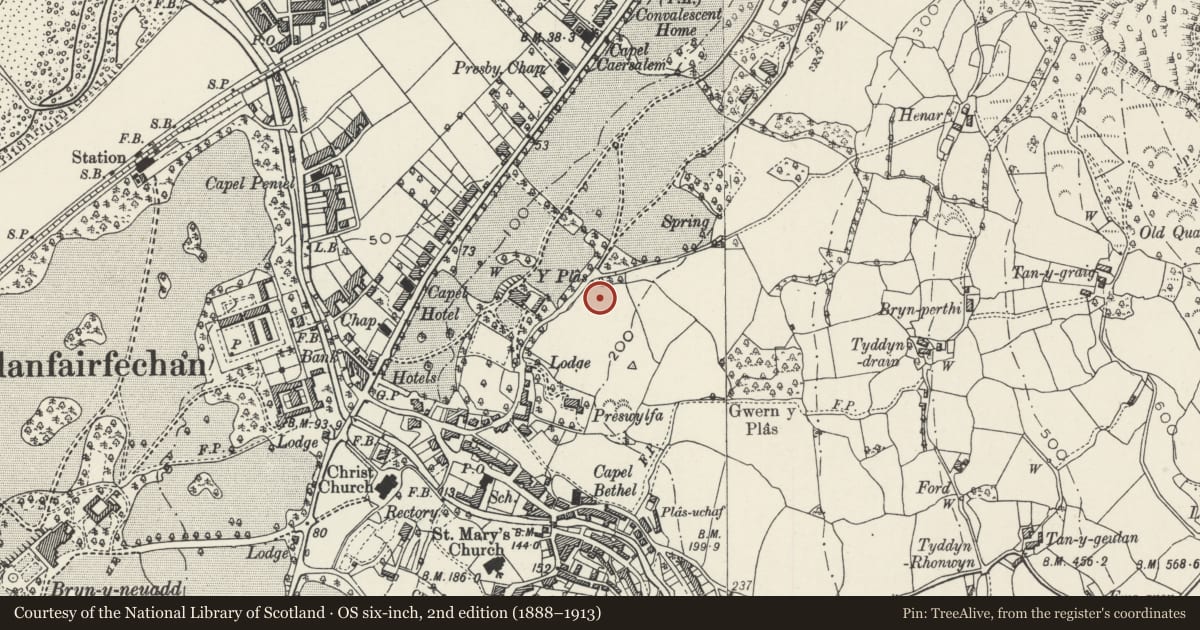 Ordnance Survey six-inch map, 2nd edition (1888–1913) covering the location of Beamsmoor, Llanfairfechan, Conwy, with a pin at the register's coordinates