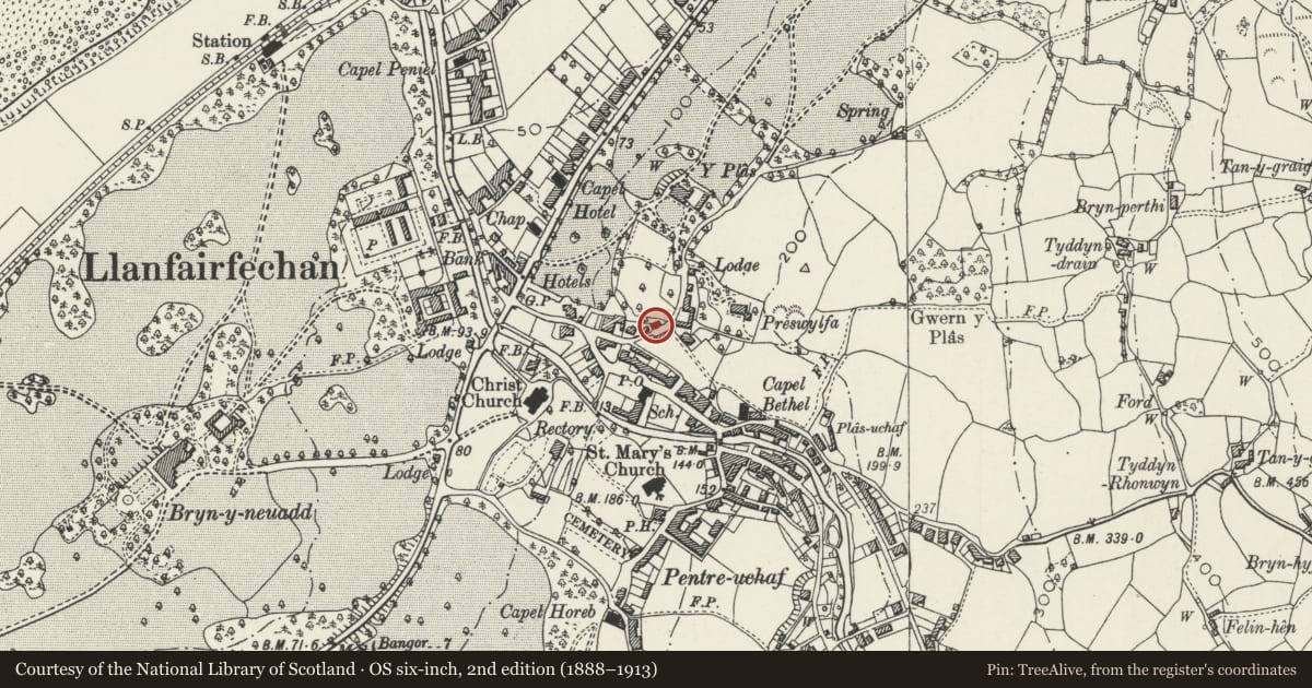 Ordnance Survey six-inch map, 2nd edition (1888–1913) covering the location of Granary/Cartshed, Llanfairfechan, Conwy, with a pin at the register's coordinates