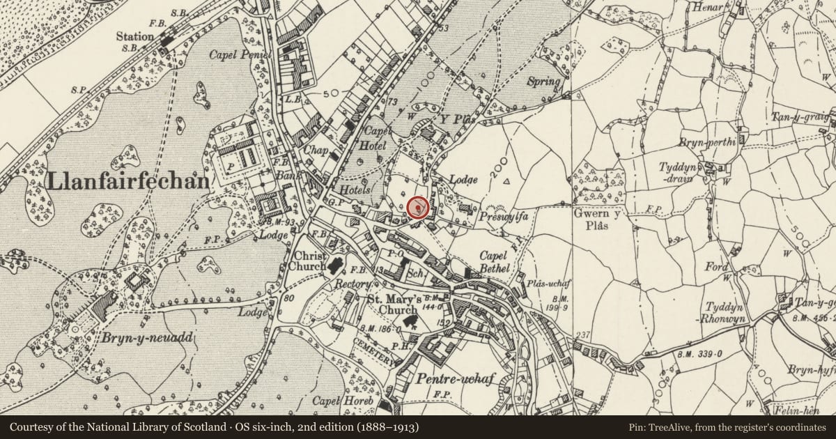 Ordnance Survey six-inch map, 2nd edition (1888–1913) covering the location of Church Institute, Llanfairfechan, Conwy, with a pin at the register's coordinates