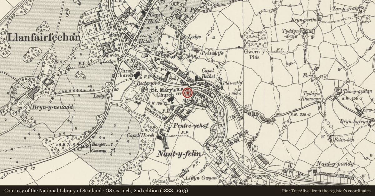 Ordnance Survey six-inch map, 2nd edition (1888–1913) covering the location of The Original Fish & Chip Shop, Llanfairfechan, Conwy, with a pin at the register's coordinates