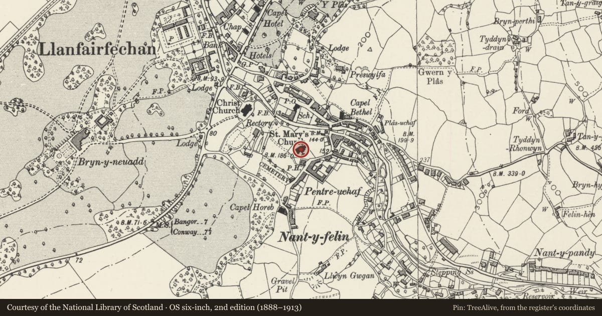 Ordnance Survey six-inch map, 2nd edition (1888–1913) covering the location of Eglwys y Santes Fair (Parish Church of St Mary), Llanfairfechan, Conwy, with a pin at the register's coordinates