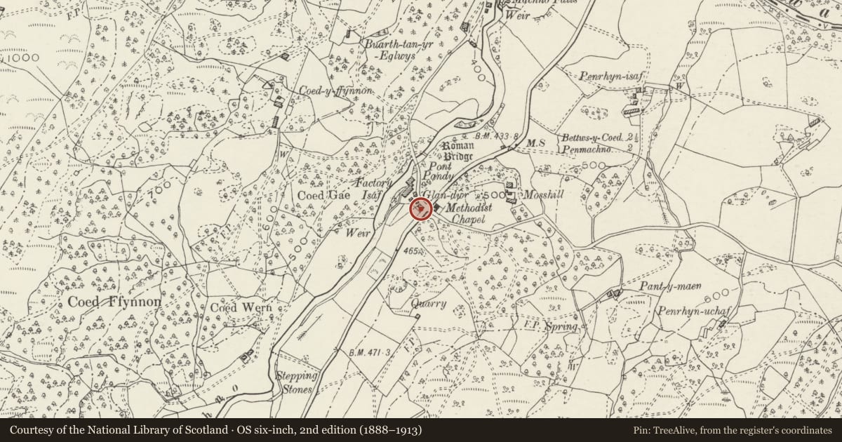 Ordnance Survey six-inch map, 2nd edition (1888–1913) covering the location of Iscoed Cottage, Bro Machno, Conwy, with a pin at the register's coordinates
