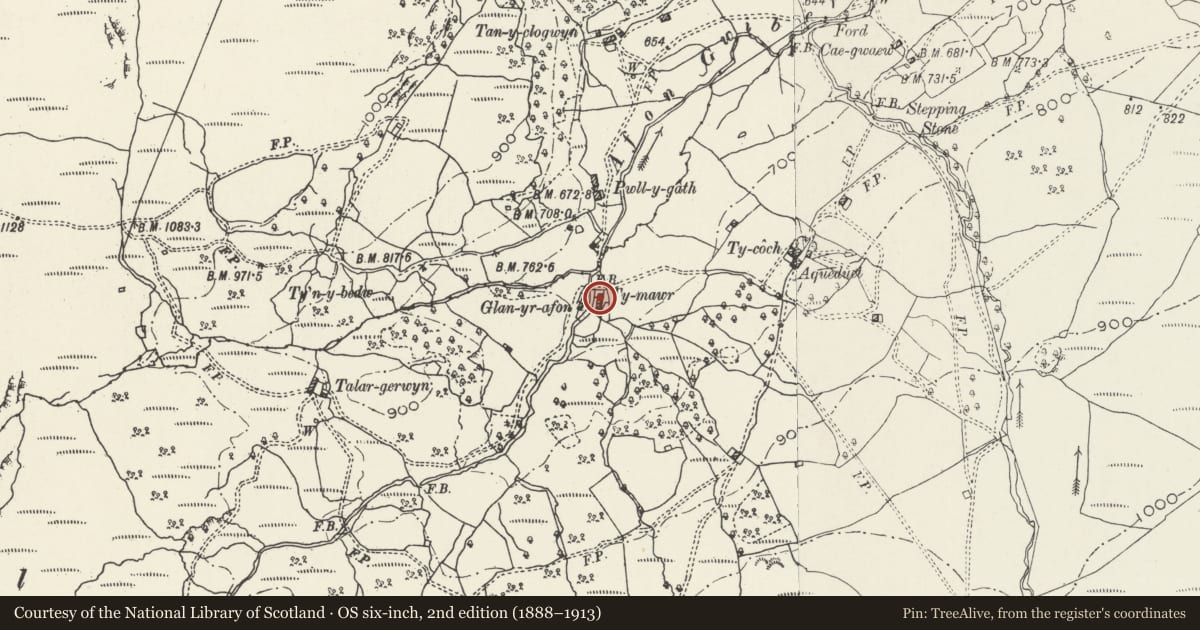 Ordnance Survey six-inch map, 2nd edition (1888–1913) covering the location of Ty Mawr, Bro Machno, Conwy, with a pin at the register's coordinates