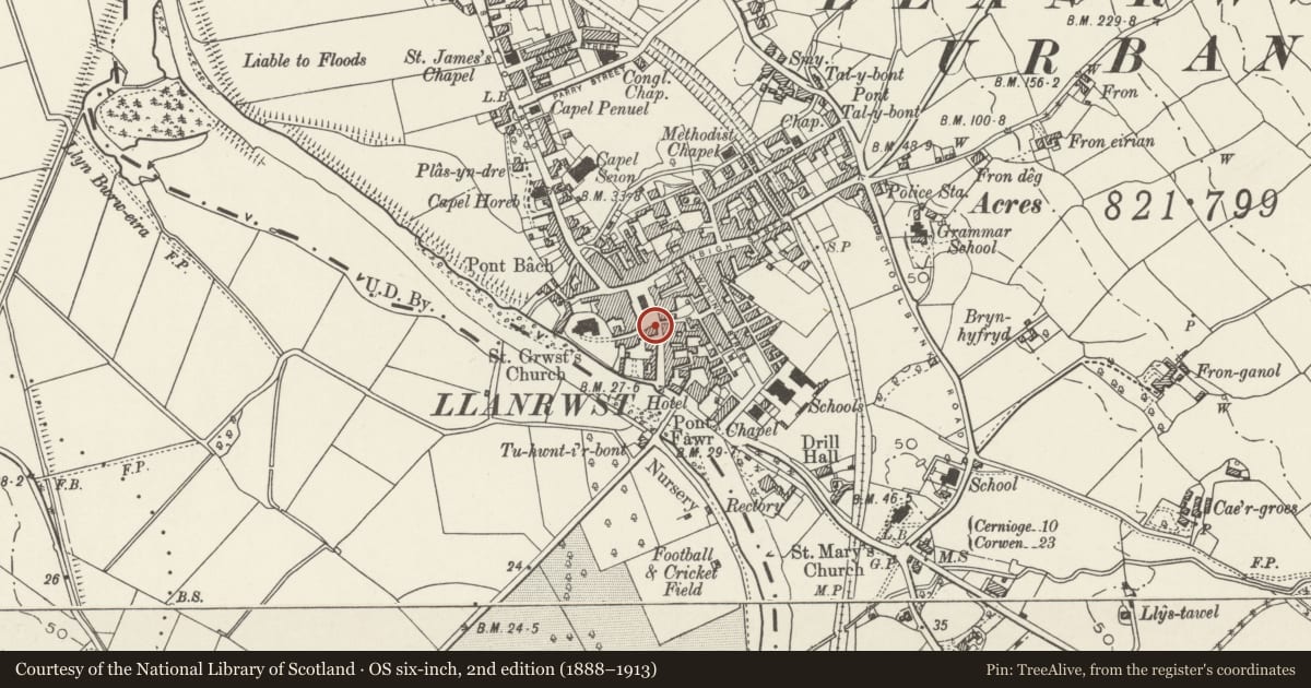 Ordnance Survey six-inch map, 2nd edition (1888–1913) covering the location of Contessa, Llanrwst, Conwy, with a pin at the register's coordinates