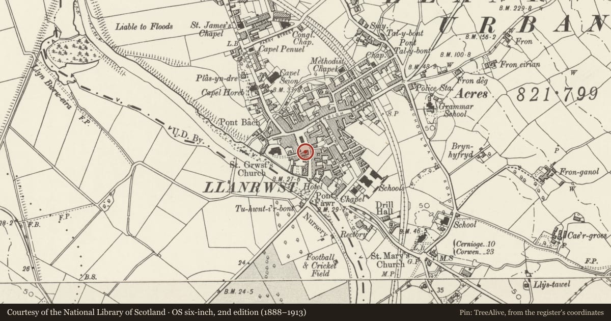 Ordnance Survey six-inch map, 2nd edition (1888–1913) covering the location of Bryn Drug Store (formerly Apothecaries' Hall), Llanrwst, Conwy, with a pin at the register's coordinates