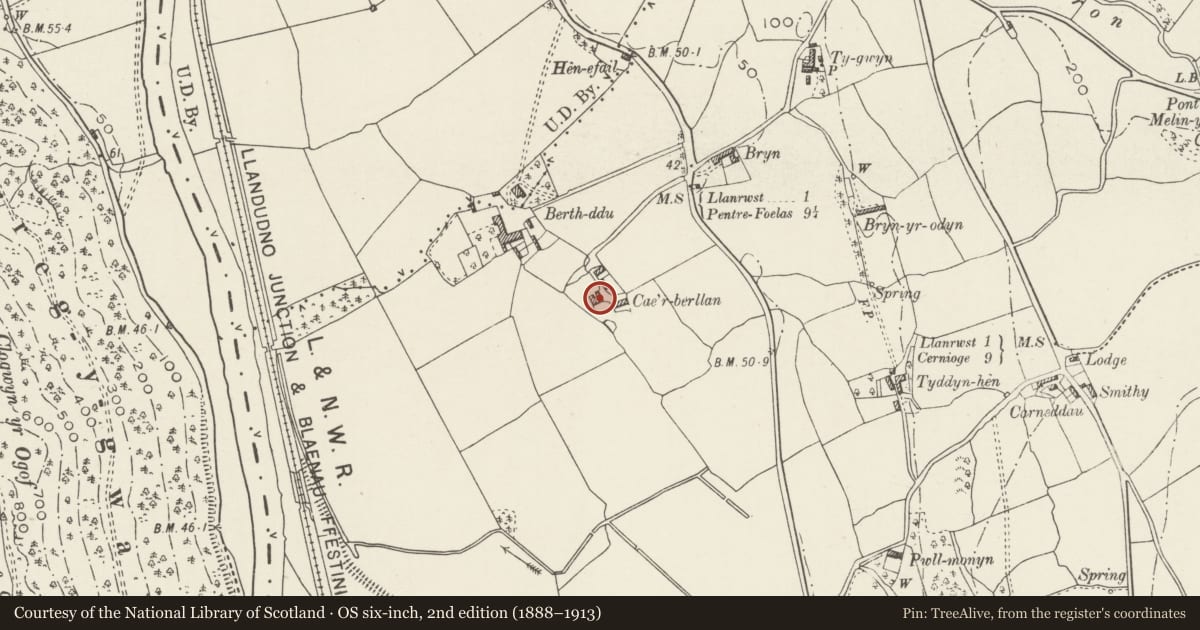 Ordnance Survey six-inch map, 2nd edition (1888–1913) covering the location of Cae'r Berllan, Llanrwst, Conwy, with a pin at the register's coordinates