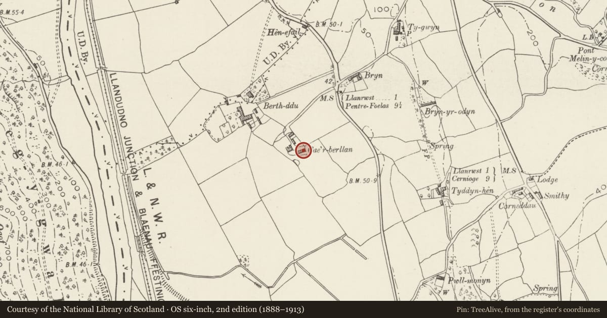 Ordnance Survey six-inch map, 2nd edition (1888–1913) covering the location of Barn & Cowhouse ar Cae'e Berllan, Llanrwst, Conwy, with a pin at the register's coordinates