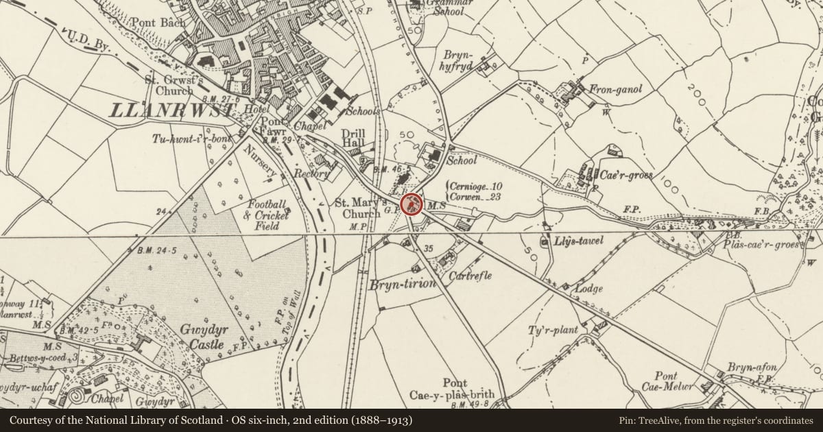 Ordnance Survey six-inch map, 2nd edition (1888–1913) covering the location of Tollhouse (Brynamlwg), Llanrwst, Conwy, with a pin at the register's coordinates