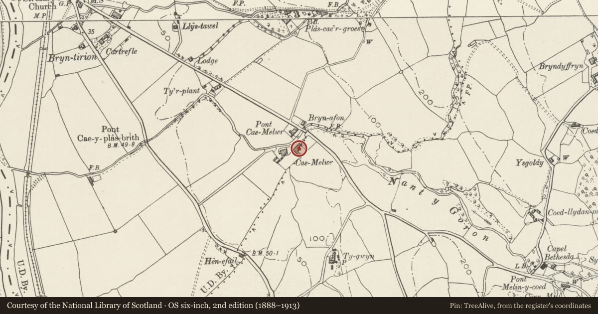 Ordnance Survey six-inch map, 2nd edition (1888–1913) covering the location of Agricultural Range at Cae Melwr Farm, Llanrwst, Conwy, with a pin at the register's coordinates