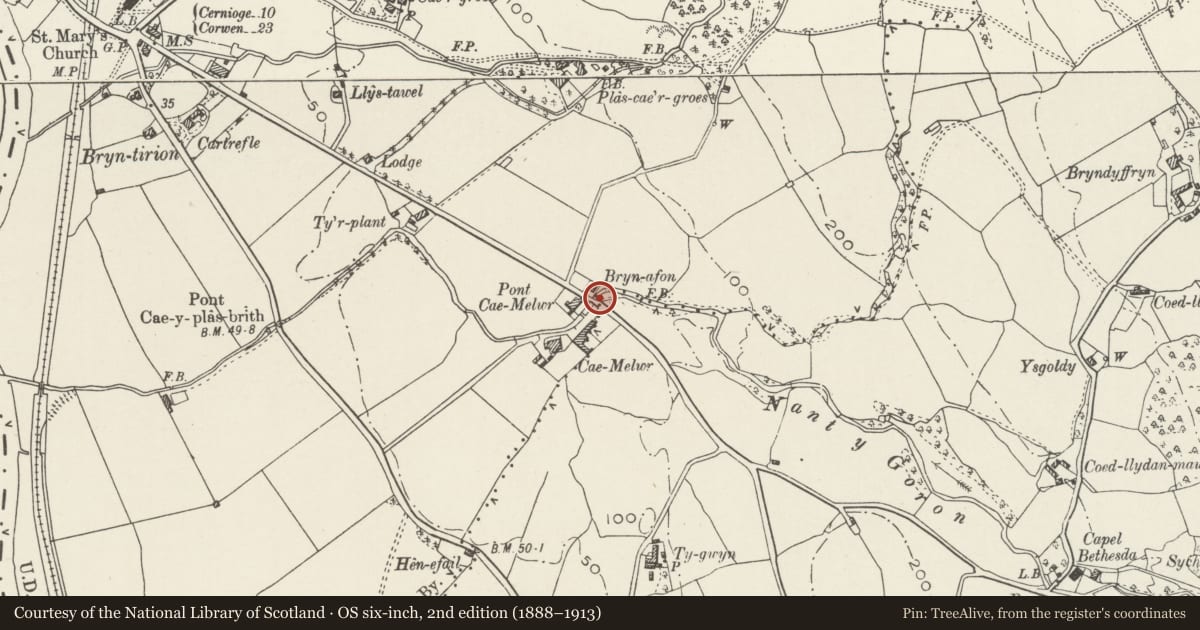 Ordnance Survey six-inch map, 2nd edition (1888–1913) covering the location of Pont Cae-Melwr, Llanrwst, Conwy, with a pin at the register's coordinates