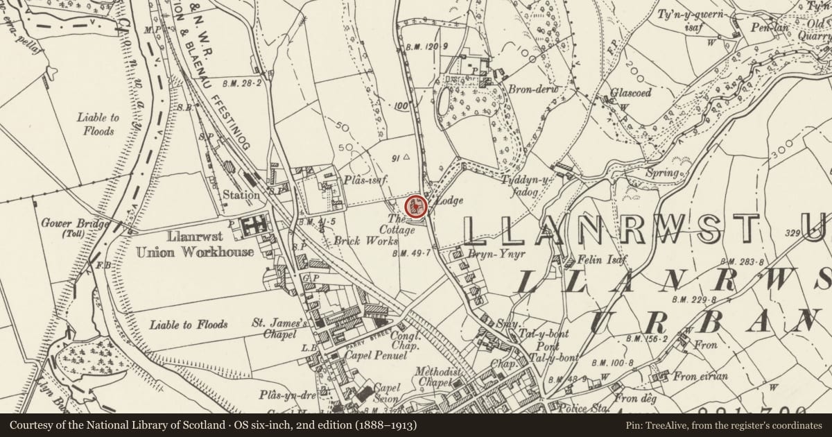 Ordnance Survey six-inch map, 2nd edition (1888–1913) covering the location of Old Priory, Llanrwst, Conwy, with a pin at the register's coordinates
