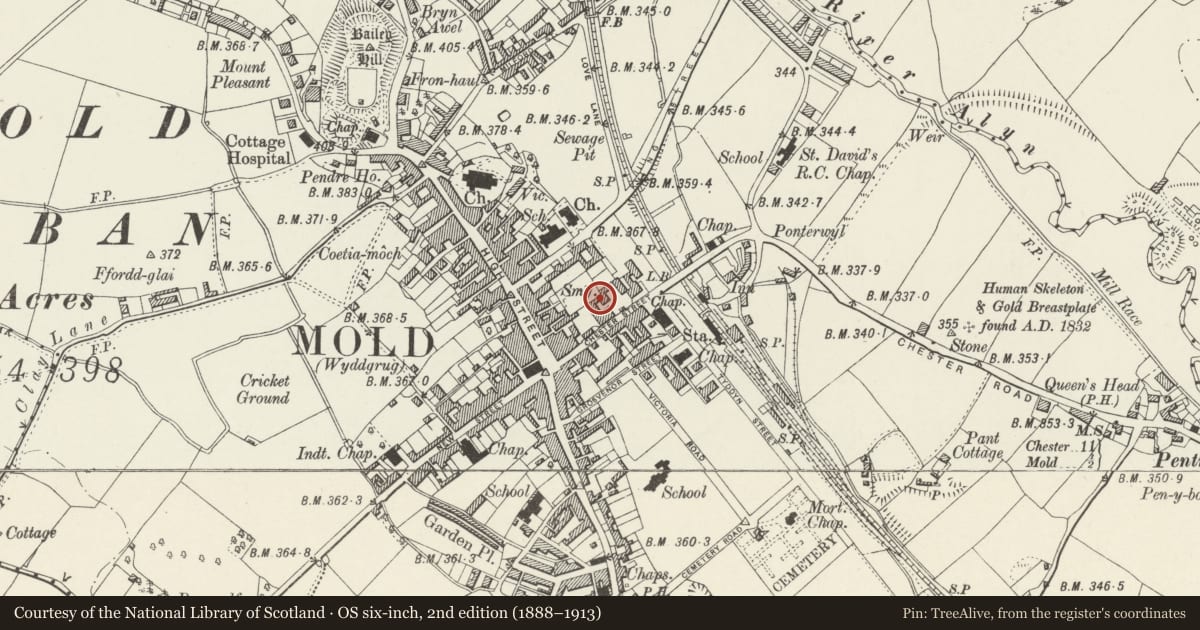 Ordnance Survey six-inch map, 2nd edition (1888–1913) covering the location of Former Smithy, Mold, Flintshire, with a pin at the register's coordinates
