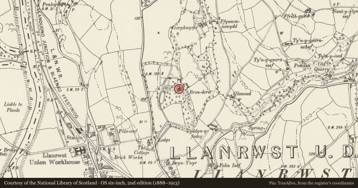 Ordnance Survey six-inch map, 2nd edition (1888–1913) covering the location of Bron Derw, Llanrwst, Conwy, with a pin at the register's coordinates