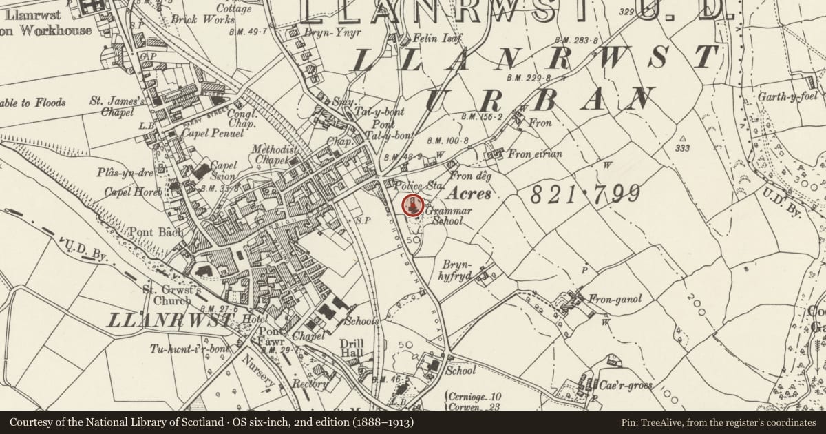 Ordnance Survey six-inch map, 2nd edition (1888–1913) covering the location of Former Schoolmaster's House at the Old Grammar School, Llanrwst, Conwy, with a pin at the register's coordinates