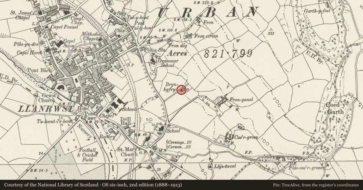 Ordnance Survey six-inch map, 2nd edition (1888–1913) covering the location of Bryn Hyfryd, Llanrwst, Conwy, with a pin at the register's coordinates