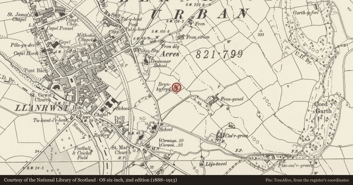 Ordnance Survey six-inch map, 2nd edition (1888–1913) covering the location of Outbuilding Range to rear of Bryn Hyfryd, Llanrwst, Conwy, with a pin at the register's coordinates