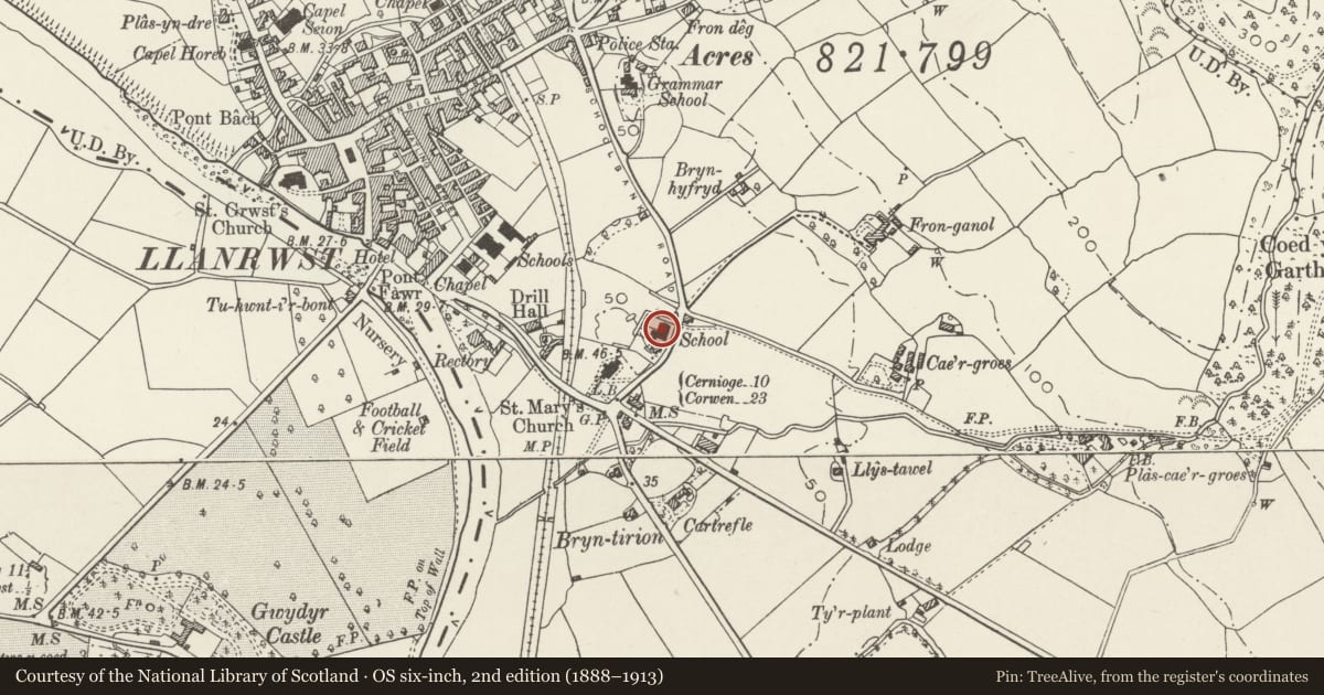 Ordnance Survey six-inch map, 2nd edition (1888–1913) covering the location of Old School, Llanrwst, Conwy, with a pin at the register's coordinates