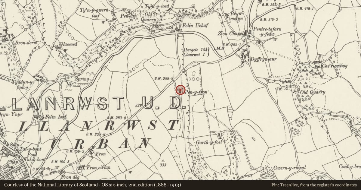 Ordnance Survey six-inch map, 2nd edition (1888–1913) covering the location of Outbuildings at Pen-y-Fron Farm, Llanrwst, Conwy, with a pin at the register's coordinates