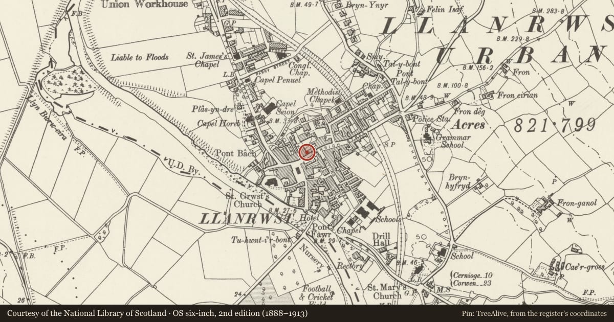 Ordnance Survey six-inch map, 2nd edition (1888–1913) covering the location of Charlton's Stores, Pet & Aquatic Centre, Llanrwst, Conwy, with a pin at the register's coordinates