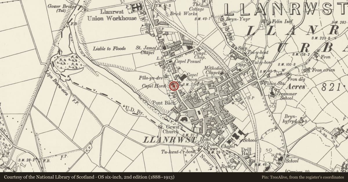 Ordnance Survey six-inch map, 2nd edition (1888–1913) covering the location of 40 Station Road, Llanrwst, Conwy, with a pin at the register's coordinates
