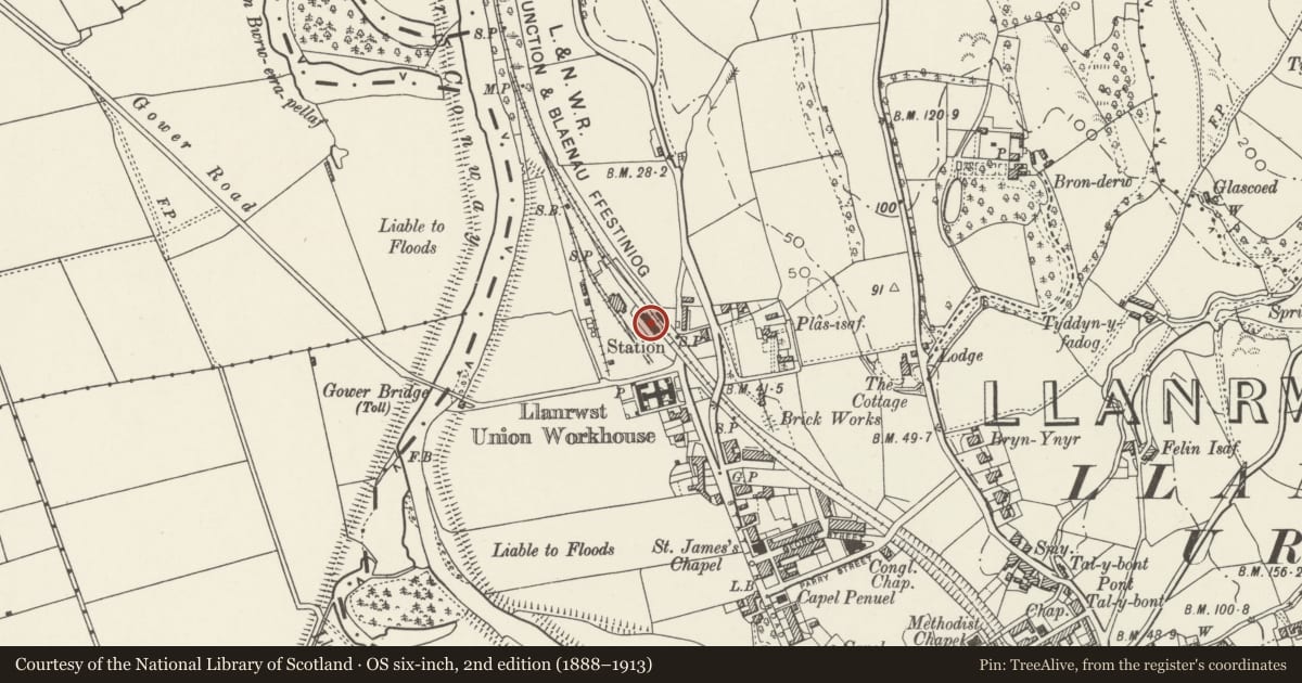 Ordnance Survey six-inch map, 2nd edition (1888–1913) covering the location of North Llanrwst Station (Main Building), Conwy, with a pin at the register's coordinates
