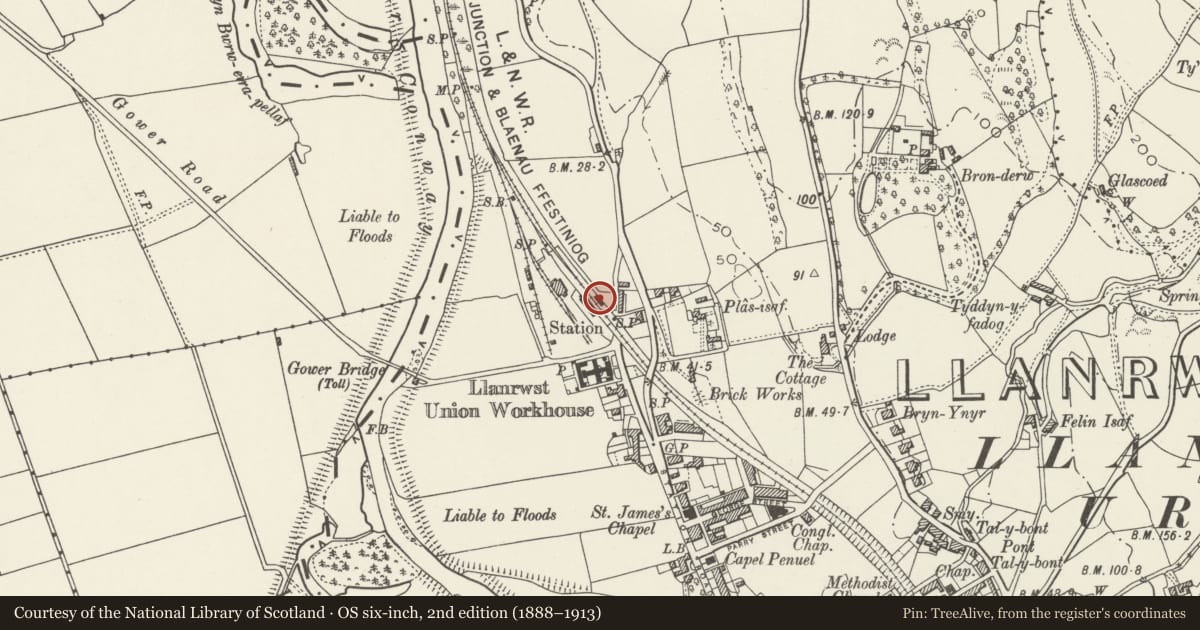 Ordnance Survey six-inch map, 2nd edition (1888–1913) covering the location of North Llanrwst Station (Building on East Platform), Conwy, with a pin at the register's coordinates