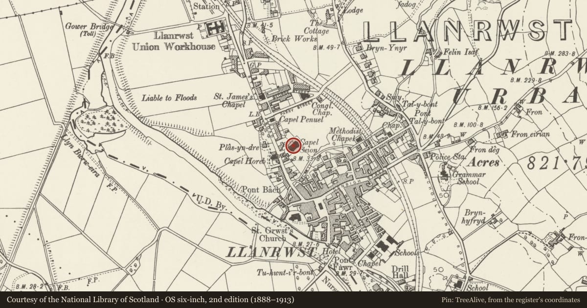 Ordnance Survey six-inch map, 2nd edition (1888–1913) covering the location of Capel Seion, Llanrwst, Conwy, with a pin at the register's coordinates