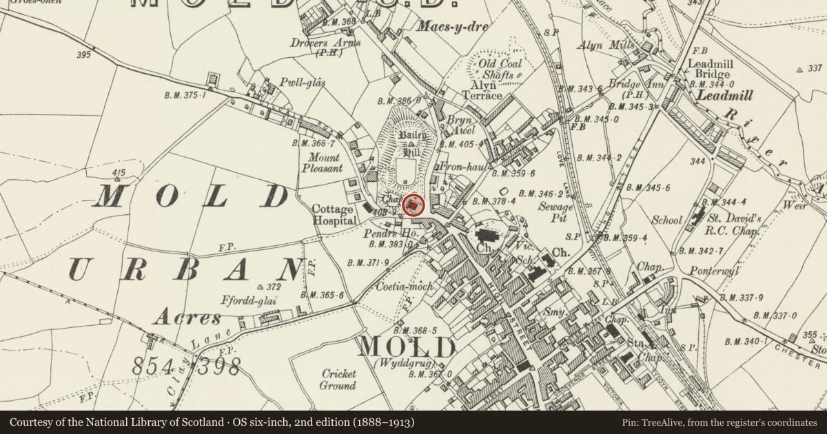 Ordnance Survey six-inch map, 2nd edition (1888–1913) covering the location of Pendref, Wesleyan Methodist Chapel, Mold, Flintshire, with a pin at the register's coordinates