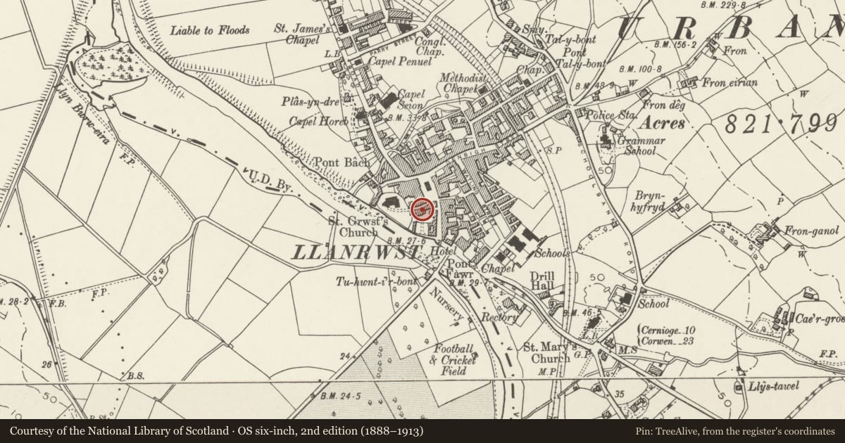 Ordnance Survey six-inch map, 2nd edition (1888–1913) covering the location of Eagles Hotel, Llanrwst, Conwy, with a pin at the register's coordinates