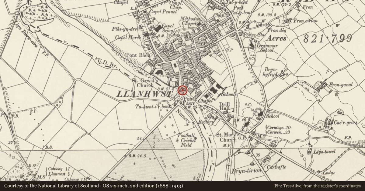 Ordnance Survey six-inch map, 2nd edition (1888–1913) covering the location of Wall to the North of Pont Fawr, Llanrwst, Conwy, with a pin at the register's coordinates