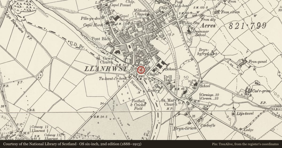 Ordnance Survey six-inch map, 2nd edition (1888–1913) covering the location of Wall to south of Pont Fawr, Llanrwst, Conwy, with a pin at the register's coordinates