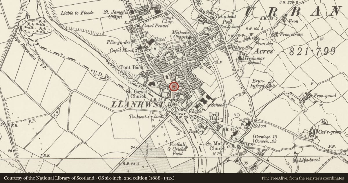 Ordnance Survey six-inch map, 2nd edition (1888–1913) covering the location of Cornucopia Hotel, Llanrwst, Conwy, with a pin at the register's coordinates