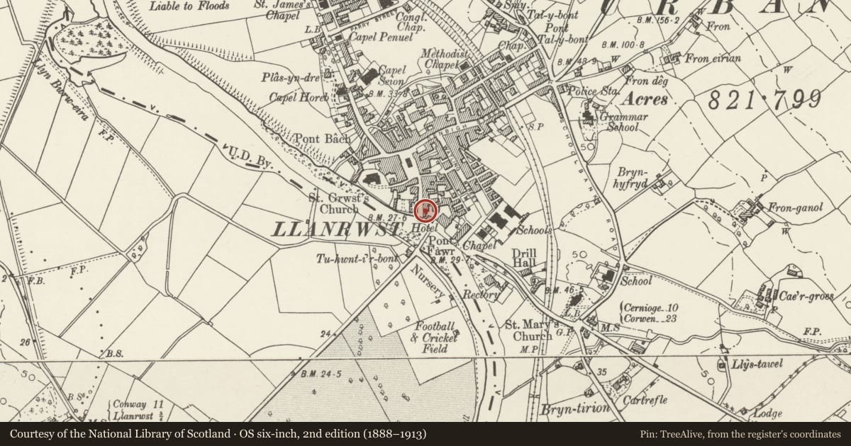 Ordnance Survey six-inch map, 2nd edition (1888–1913) covering the location of Pen-y-Bont Inn, Llanrwst, Conwy, with a pin at the register's coordinates
