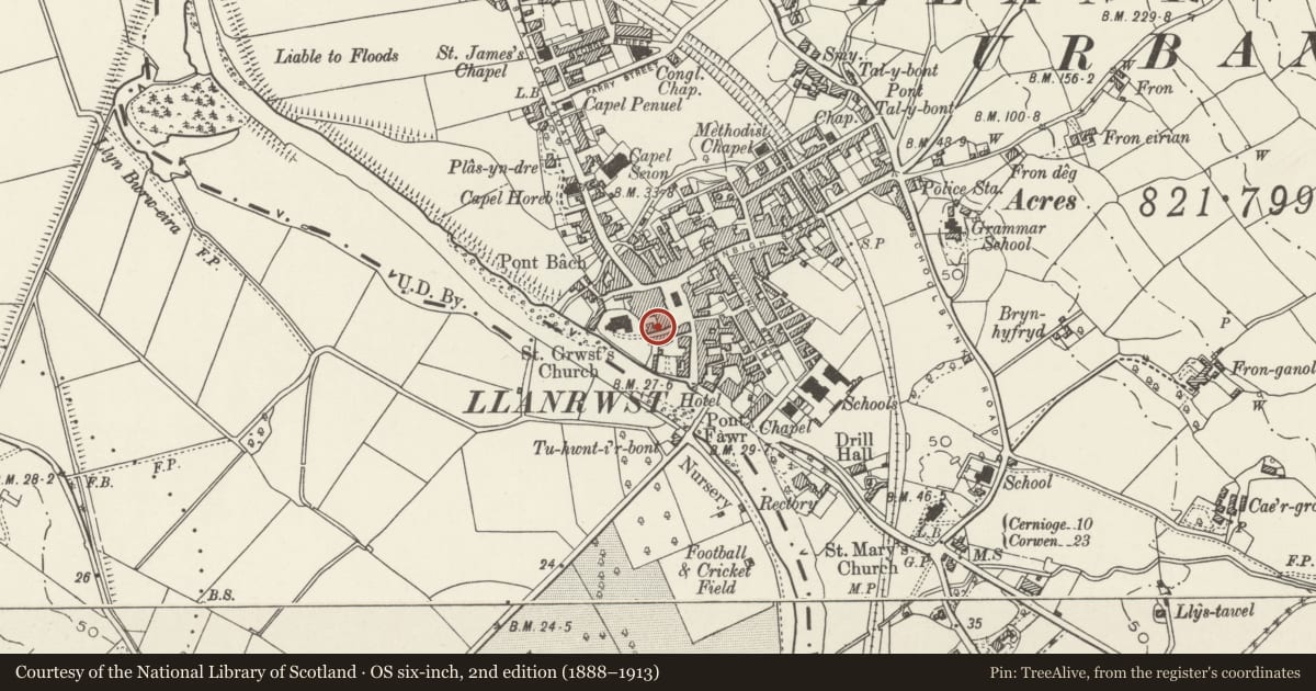 Ordnance Survey six-inch map, 2nd edition (1888–1913) covering the location of Jesus Hospital (Llanrwst Almshouses), Conwy, with a pin at the register's coordinates