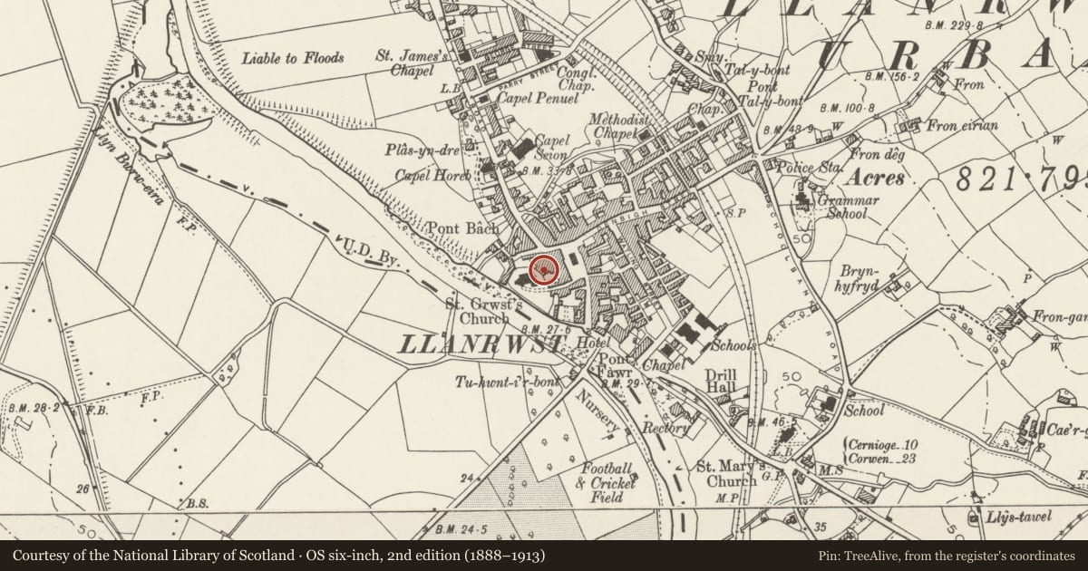 Ordnance Survey six-inch map, 2nd edition (1888–1913) covering the location of Tyn-y-Ffynwent, Llanrwst, Conwy, with a pin at the register's coordinates