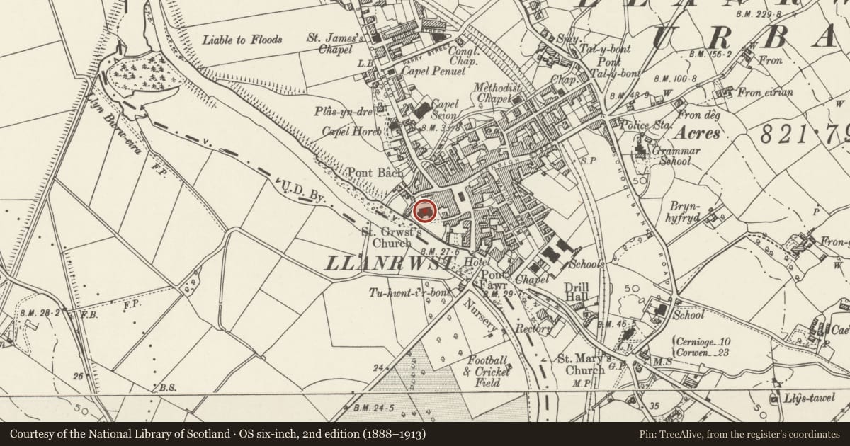 Ordnance Survey six-inch map, 2nd edition (1888–1913) covering the location of Parish Church of St Grwst, Llanrwst, Conwy, with a pin at the register's coordinates