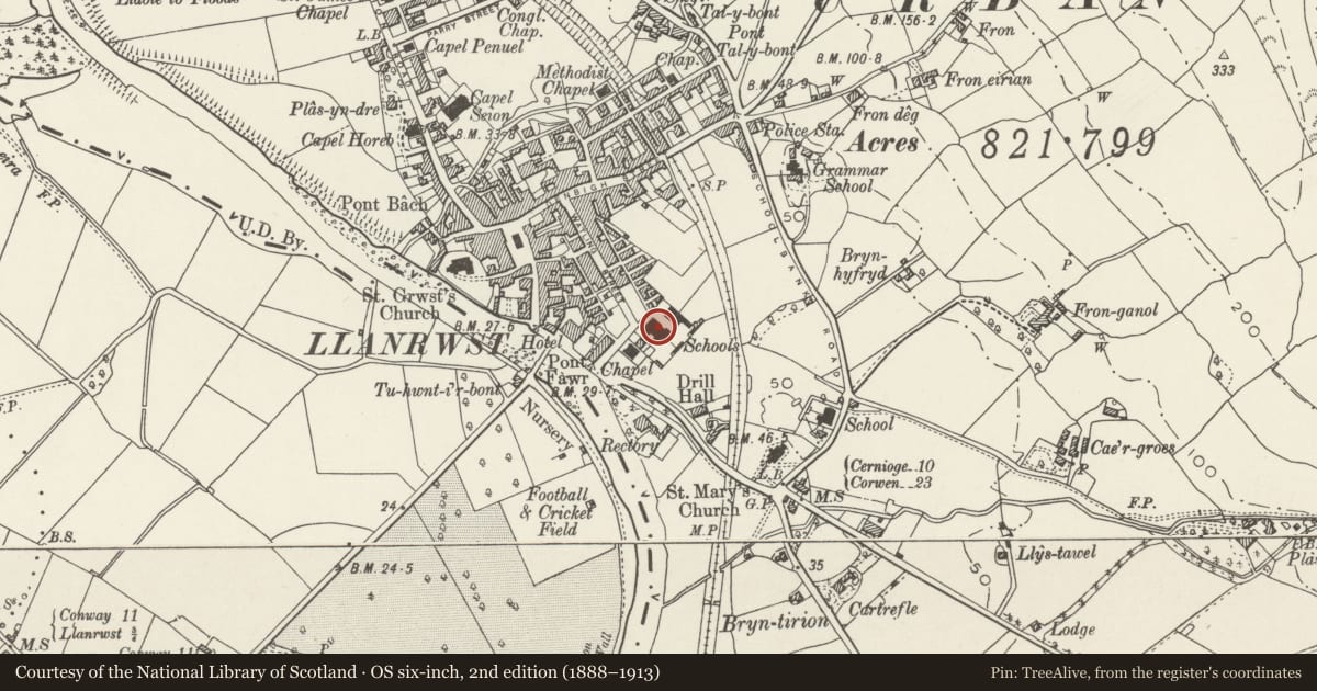 Ordnance Survey six-inch map, 2nd edition (1888–1913) covering the location of Junior School, Llanrwst, Conwy, with a pin at the register's coordinates