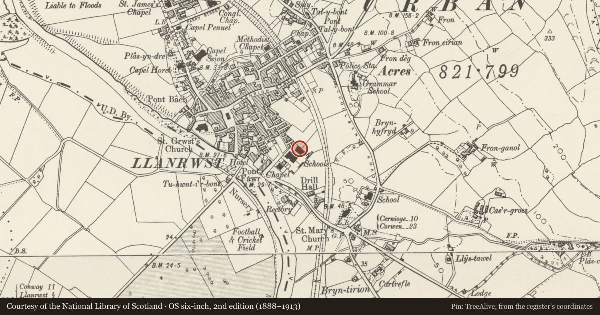 Ordnance Survey six-inch map, 2nd edition (1888–1913) covering the location of Infants' School, Llanrwst, Conwy, with a pin at the register's coordinates