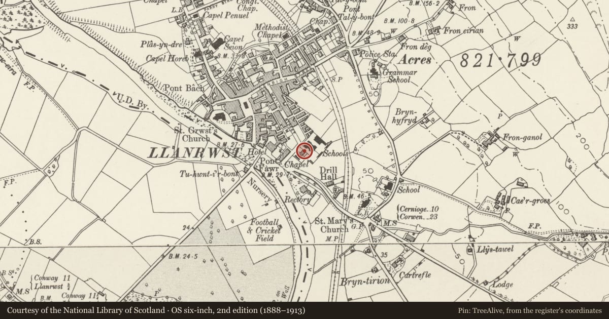 Ordnance Survey six-inch map, 2nd edition (1888–1913) covering the location of School House, Llanrwst, Conwy, with a pin at the register's coordinates