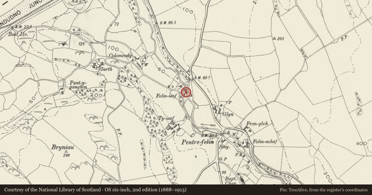 Ordnance Survey six-inch map, 2nd edition (1888–1913) covering the location of Felin Isaf Mill, Llansanffraid Glan Conwy, Conwy, with a pin at the register's coordinates
