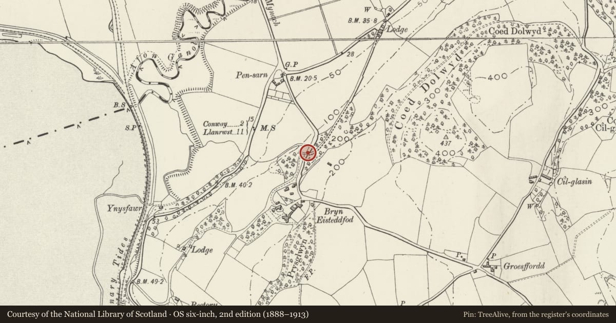 Ordnance Survey six-inch map, 2nd edition (1888–1913) covering the location of Access Bridge to Bryn Eisteddfod, Llansanffraid Glan Conwy, Conwy, with a pin at the register's coordinates