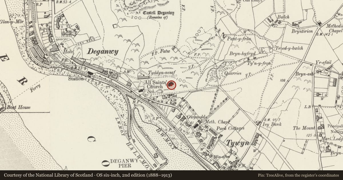 Ordnance Survey six-inch map, 2nd edition (1888–1913) covering the location of Church of All Saints, Conwy, with a pin at the register's coordinates