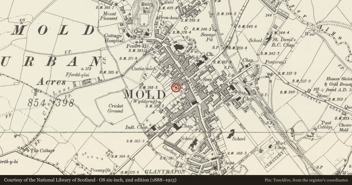 Ordnance Survey six-inch map, 2nd edition (1888–1913) covering the location of Town Hall, Mold, Flintshire, with a pin at the register's coordinates